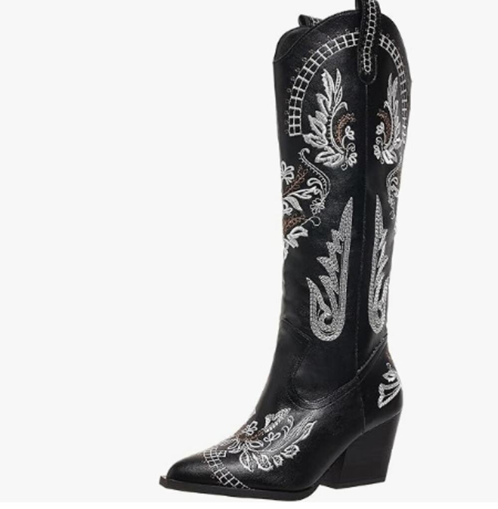 Women's Black Embroidered Western Cowboy Boots Wide Calf Knee High US 9 NEW